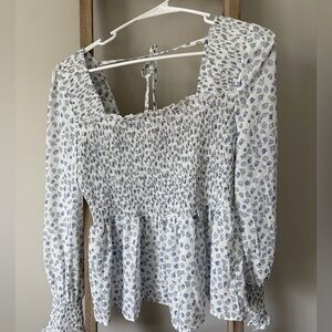 Pink Lily White Blouse with Blue Floral Smocked Bodice
